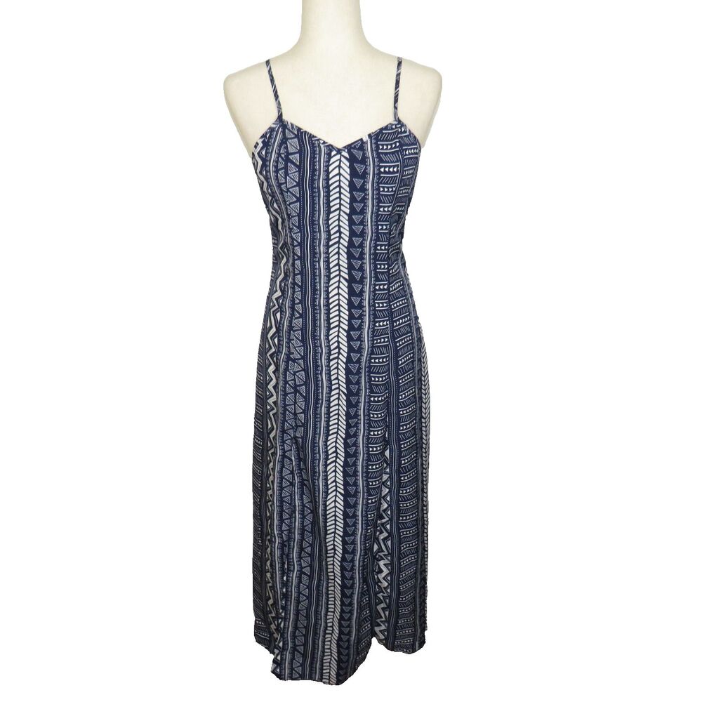 Women's White Navy Abstract Geo Beachy Travel Resort Maxi Dress Size Small